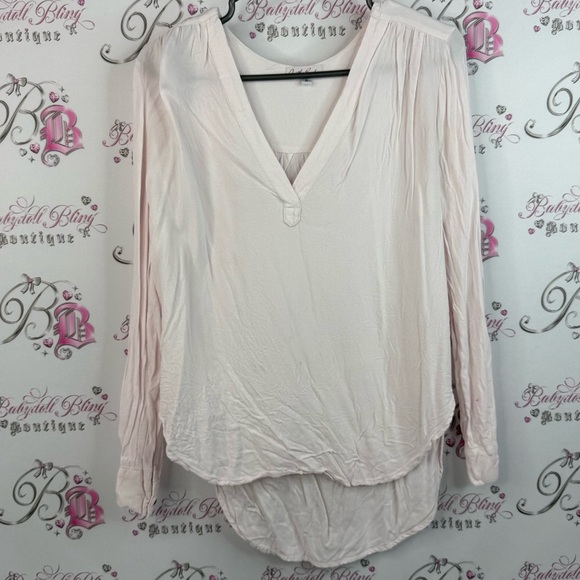On The Road Tops - On The Road long sleeve V-neck light, pink flowy Women's Blouse - Soft Pink top